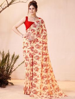 Garden VARELI - Floral Printed Red Georgette Saree Without Blouse