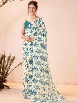 Garden VARELI - Turquoise Floral Georgette Saree Without Blouse