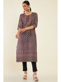 Soch - Women Navy Blue Polyester Printed Kurta