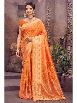 Sangam Prints - Orange Silk Woven Zari Work Traditional Tassel Saree with Unstitched Blouse