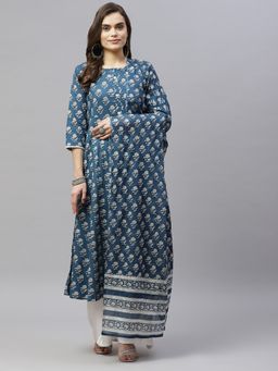 Miravan - Womens Cotton Floral Print Anarkali Kurta with Dupatta Blue (Set of 2)