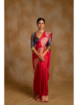 PRIYANKA RAAJIV - Bhagwati Red-Pink Shot Silk Mashroo Saree with Unstitched Blouse