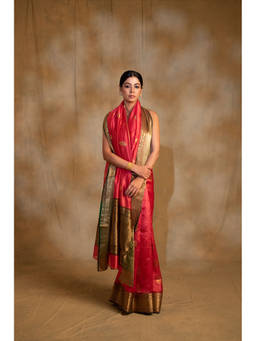 PRIYANKA RAAJIV - Deepa Red Silk Chanderi Saree with Unstitched Blouse