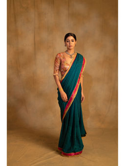 PRIYANKA RAAJIV - Holi Teal Self Design Silk Crepe Saree with Unstitched Blouse