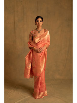 PRIYANKA RAAJIV - Karva Coral Pink Linen-Silk Organza Saree with Unstitched Blouse