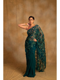 PRIYANKA RAAJIV - Pihu Green Upcycled Patchwork Saree with Unstitched Blouse
