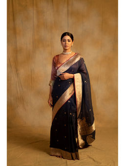 PRIYANKA RAAJIV - Sankranti Navy Blue Cotton Handcrafted Saree with Unstitched Blouse