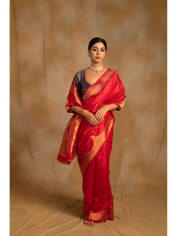 PRIYANKA RAAJIV - Sora Vermillion Red Silk Chanderi Saree with Unstitched Blouse