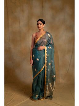 PRIYANKA RAAJIV - Ugadi Teal Silk Organza Banarasi Saree with Unstitched Blouse