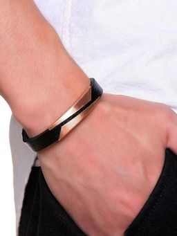 Peora - Black Synthetic Leather with Rose Gold Plated Metal Bracelet