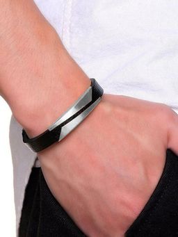 Peora - Black Synthetic Leather with Silver Plated Metal Bracelet
