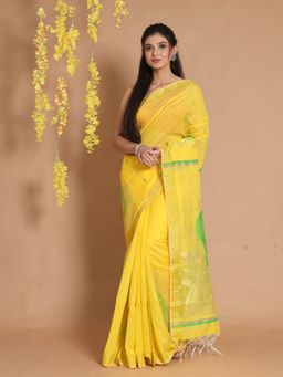 CHARUKRITI - Yellow Cotton Blend Handwoven Woven Peacock & Floral Designs Saree with Unstitched Blouse