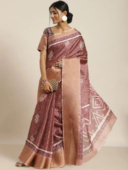 Odette - Women Mauve Silk Blend Printed Saree with Unstitched Blouse