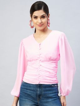 Carlton London - Women Casual Pink Solid Cinched Top