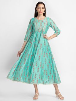 Globus - Sea Green Round Neck Yoke Embroidery Printed Dress