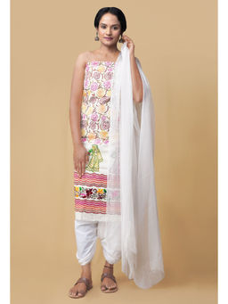 Unnati Silks - Unstitched White Pure Handwoven Phulkari Cotton Salwar Kameez (Set of 3)