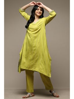 Biba - Women Lime Green Yarn Dyed Rayon Kurta (Set of 2)