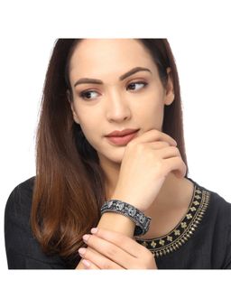 Yellow Chimes - Silver Oxidised Laxmi Designed Stone Studded Bangle