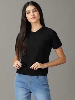 SHOWOFFFF - Womens Half Sleeves Round Neck Black Solid T-Shirt
