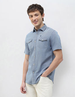 U.S. Polo Assn. Denim Co. - Blue Regular Fit Self Design Vertical Striped Shirt