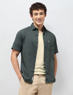U.S. POLO ASSN. - Green Regular Fit Self Design Geometric Shirt