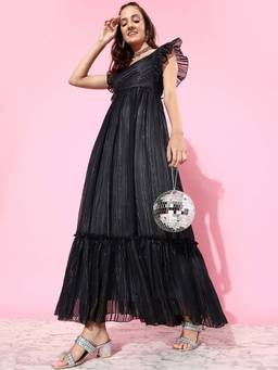 Miss Chase - Women's Black Square Neck Layered Sleeve Floral Patterned Maxi Party Dress