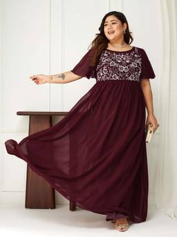 Miss Chase - A+ Curve Collection Plus Size Womens Wine Flared Sleeves Maxi Dress