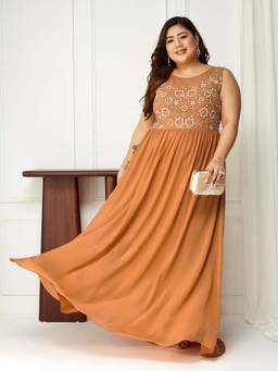 Miss Chase - A+ Curve Collection Plus size Women's Dusty Orange Boat Neck Maxi Dress