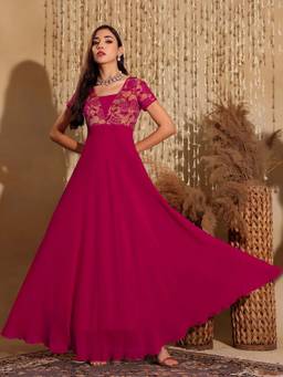Miss Chase - Women's Dark Pink Self Design Lace Overlaid Fusion Ethnic Dress