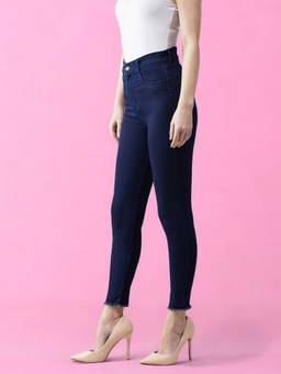 Miss Chase - Women Navy Blue Skinny Clean Look Cropped Fringed Hemline Denim Jeans