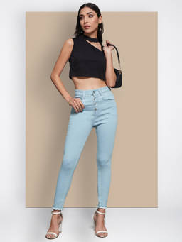Miss Chase - Women Light Blue Skinny Clean Look Fringed Hemline Cropped Denim Jeans