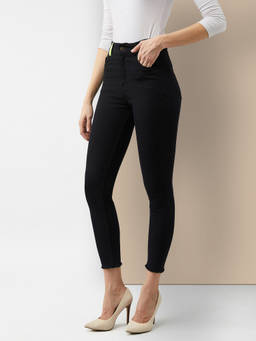 Miss Chase - Women Black Cotton Skinny Fit Cropped High Rise Stretchable Denim Jeans