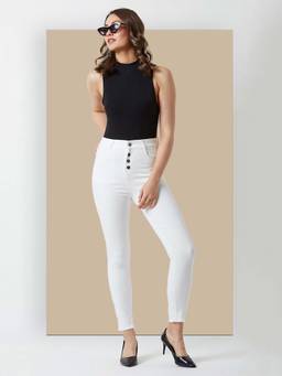 Miss Chase - Women White Skinny Fit Cropped Raw Edge Detailing Denim Jeans