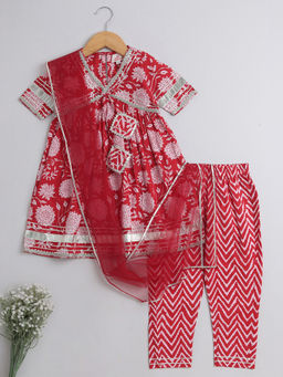 Hopscotch - 3-Pc Lace Floral Kurta Red