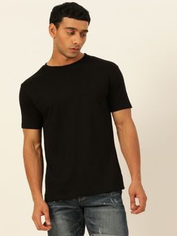 JAVINISHKA - Solid Black Round Neck Cotton Relaxed Fit T Shirt