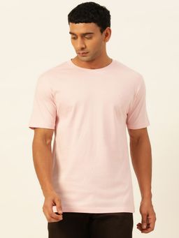 JAVINISHKA - Solid Baby Pink Round Neck Cotton Relaxed Fit T Shirt