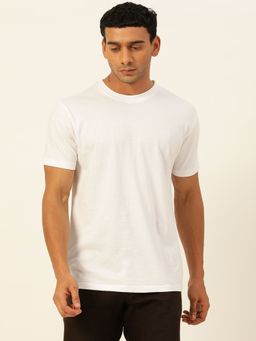 JAVINISHKA - Solid White Round Neck Cotton Relaxed Fit T Shirt