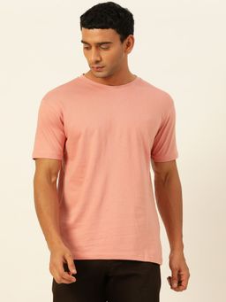 JAVINISHKA - Solid Peach Round Neck Cotton Relaxed Fit T Shirt