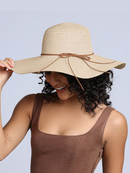Twenty Dresses by Nykaa Fashion - Cream Straw Wide Brim Bow Detail Women's Sun Hat