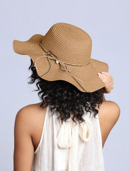 Twenty Dresses by Nykaa Fashion - Brown Straw Thin Layered Bow And Pearl Detail Women's Sun Hat