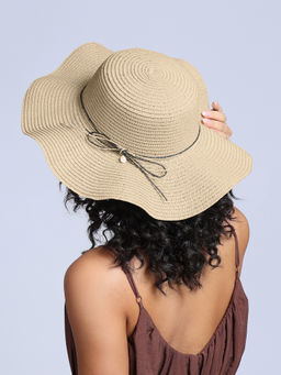 Twenty Dresses by Nykaa Fashion - Light Beige Straw Thin Layered Bow And Pearl Detail Women's Sun Hat