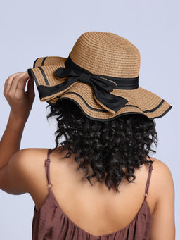 Twenty Dresses by Nykaa Fashion - Beige Straw Wide Brim Chunky Contrast Bow Women's Sun Hat