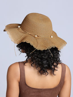 Twenty Dresses by Nykaa Fashion - Brown Straw Scalloped Edges Pearl Bow Detail Women's Sun Hat