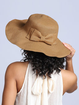 Twenty Dresses by Nykaa Fashion - Brown Straw Wide Brim and Bow Summer Women's Sun Hat