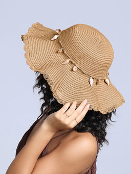 Twenty Dresses by Nykaa Fashion - Brown Straw Shell & Bow Detail Scalloped Edges Women's Sun Hat
