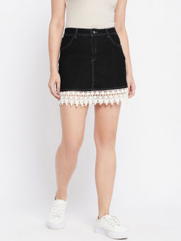 Uptownie - Womens Black Denim Knee Length Skirt With Lace Border