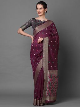 Akhilam - Wine Festive Cotton Blend Woven Design Saree with Unstitched