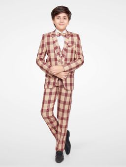 Jeetethnics - Boys Beige Checked Coat Suit With Waistcoat Shirt & Trousers (Set of 5)