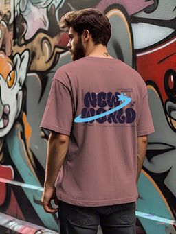 RIGO - Men Terry Mauve Typography Oversized Fit T-Shirt