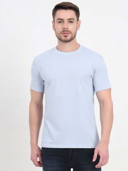 JadeBlue - Men Cotton Blend Blue Textured Slim Fit T-Shirt
